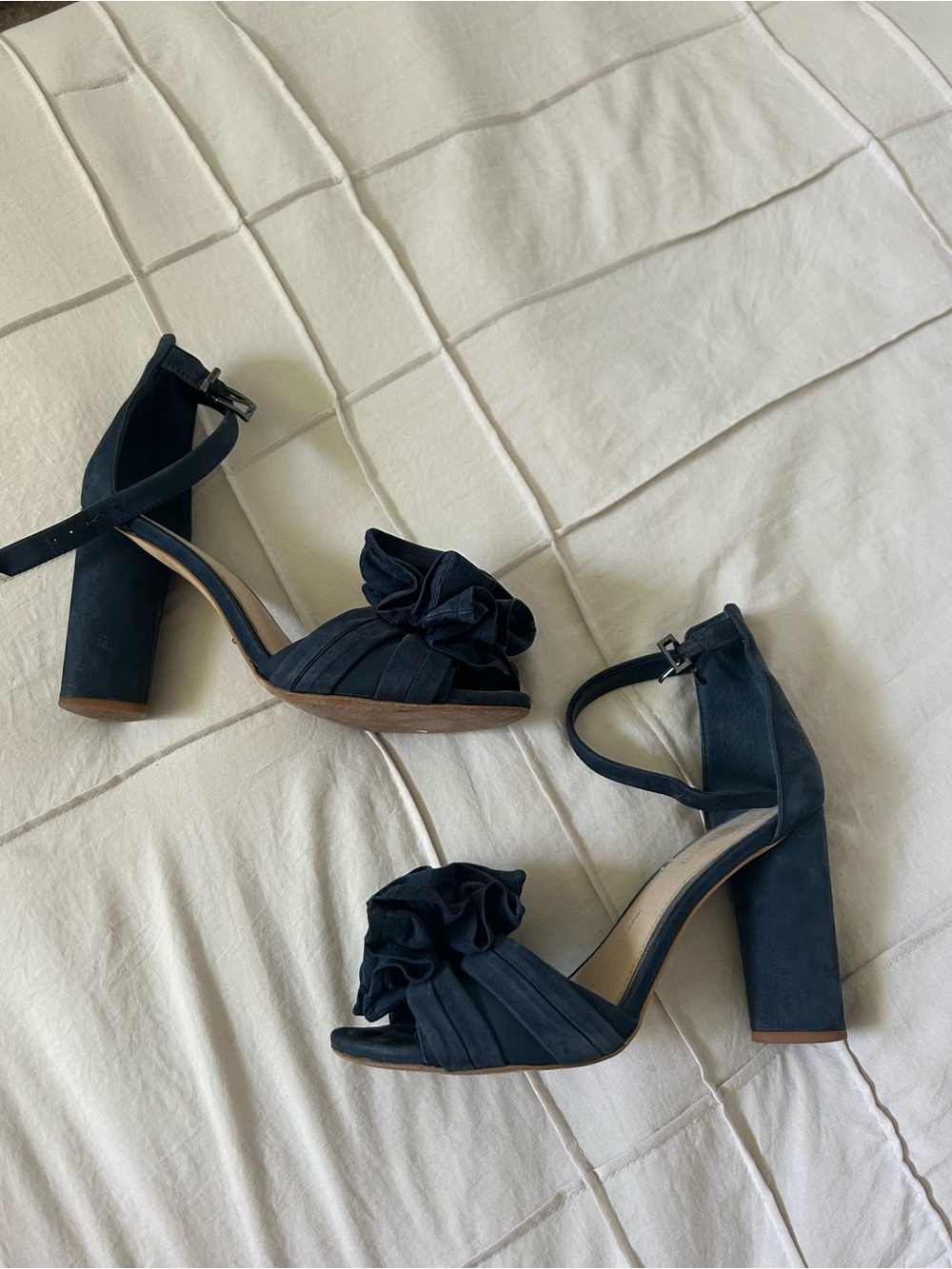 Gianni Bini - Navy Suede Ruffle, Open Toe, Ankle-Strap Block Heels, Size 8.5
